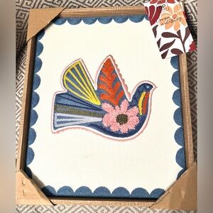 NEW BP Home Textile Embroidery Dove Woven Wall Art 12” x 15" Folk Art.Wood Frame